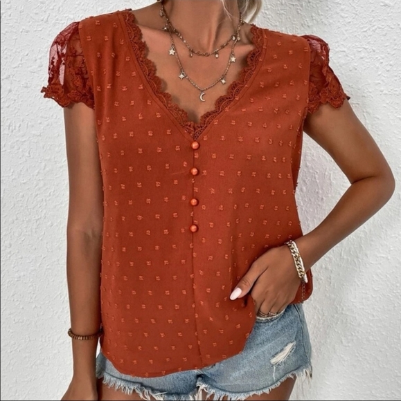 Rust Brown Swiss Dot Lace Trim Blouse - Picture 2 of 3